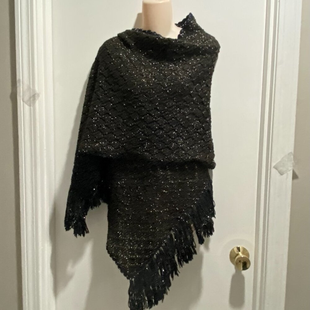 Handknit Wool Bl Lace Diamond Lurex Fringe Whimsigoth Fairy Bohemian Shawl Scarf